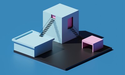 3d isometric buildings with blue background. 3d rendering.