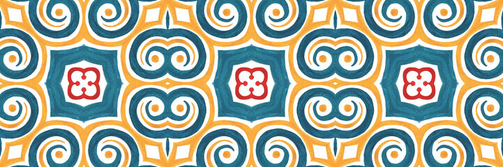 Antique portuguese tiles. Blue Azulejos ceramic. Spanish pottery..Sicily italian majolica. Vintage ethnic background . Mediterranean watercolor seamless wallpaper. Moroccan ornaments in indigo color