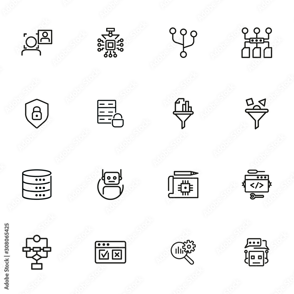 Poster technology development line icon set. computer service, bot, database. it concept. can be used for t