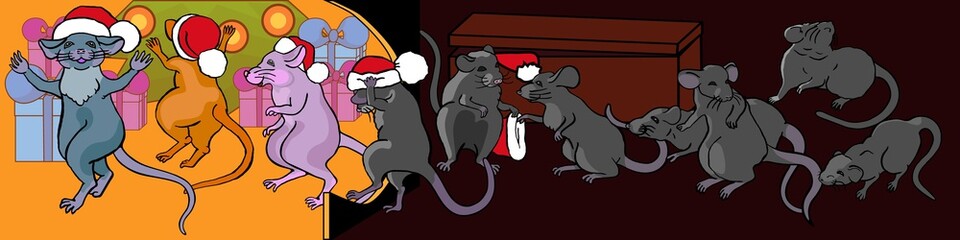 Chinese symbol of 2020 year. Funny rats put on Christmas caps. Banner with proportions 4x1. Element for New Year web design. 