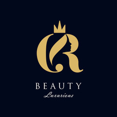 initial C R luxury beauty queen woman face with crown logo design vector inspiration. consisting of a entwined C and R with lady face on negative space with crown.
