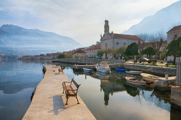 Beautiful winter Mediterranean landscape. Montenegro, view of Bay of Kotor and Prcanj town with St....