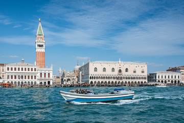 San Marco Square,  Doge's Palace, Campanile of San Marco and Bridge of Sighs. View from Grand Canal. (Piazza San Marco, Palazzo Ducale). Venice, Italy.