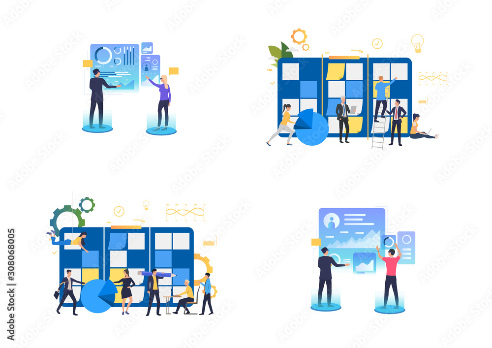 Poster planning and vr presentation set. business people analyzing graphs, working at task board. flat vect