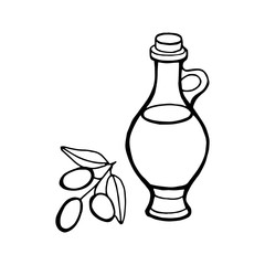 Vector outline. Still life of olive oil in a glass jar and sprigs of fresh olives