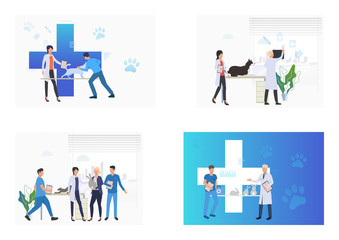 Veterinary care set. Pet owner consulting vet. Flat vector illustrations. Animal care concept for banner, website design or landing web page