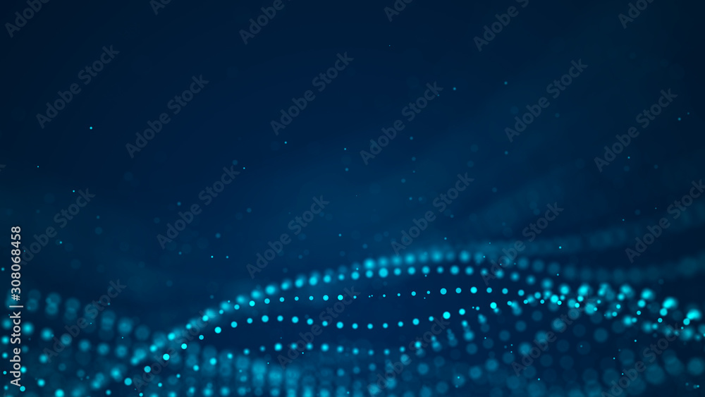 Poster Futuristic particles background. Digital background with connected blue dots. Big data visualization. 3d rendering.