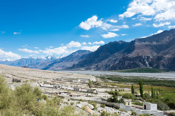 Fototapeta na wymiar Ladakh, India - Jul 22 2019 - Beautiful scenic view from Panamik Village in Nubra Valley, Ladakh, Jammu and Kashmir, India.
