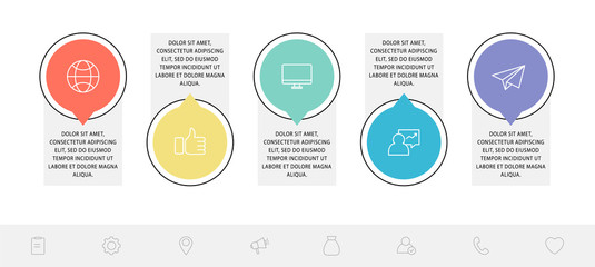 Vector flat template circle infographics. Business concept with 5 options and arrows. Five steps for content, flowchart, timeline, levels, marketing, presentation, graph, diagrams, slideshow