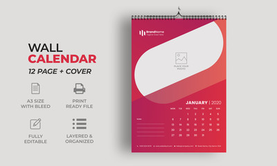 Wall Calendar Template | Red 2020 Calendar | Modern Calendar for your business