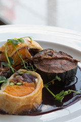 steak with vegetables in a restaurant