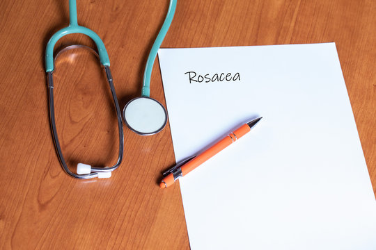 Table of a medical office with stethoscope and medical record with inscription: rosacea