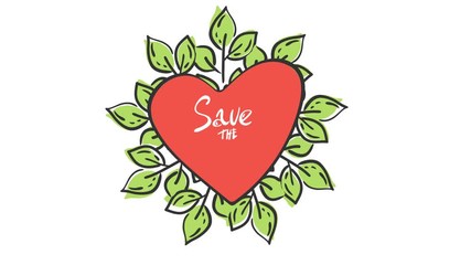 Save the Planet. Motion graphic flat animation footage. World Concept. World environment day. ecology friendly. A earth globe. Lettering. logo. Concept of energy saving, ecology. Heart shaped globe