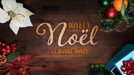 “Joyeux Noel et Bonne Annee” t.i. Merry Christmas and Happy New Year in French language on a...