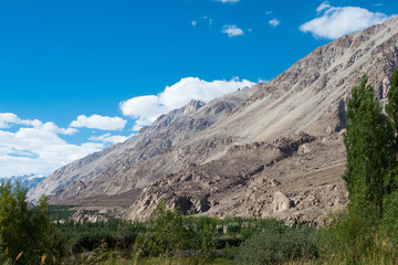 Ladakh, India - Jul 22 2019 - Beautiful scenic view from Panamik Village in Nubra Valley, Ladakh,...