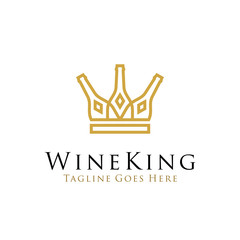 wine king logo design vector illustration. line art wine bottle icon as crown concept design. beverage logo, bar, cafe, restaurant symbol icon