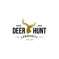 deer hunter logo, badge, emblem, label design template. vector illustration of deer head silhouette and arrow. hunter club, deer hunting symbol icon