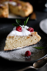 Apple pie with suger powder at dark background