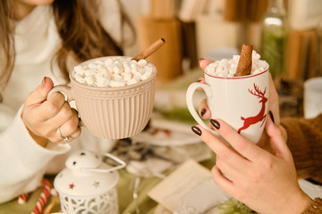 Cups with hot chocolate and marshmallows in female hands.