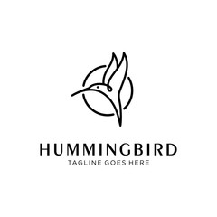 flying bird logo design template with linear concept style. vector illustration of hummingbird/colibri in outline, monoline style