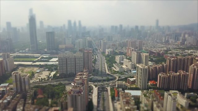 sunny day famous guangzhou city traffic road junction aerial panorama tilt-shift 4k china