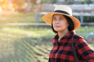 Tourist Asian Woman Stand in Country Farm, She Looking Forward to Beautiful Landscape