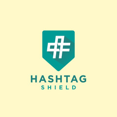 Obraz premium Hashtag shield logo design vector, showing shield icon with hashtag icon, for college, education, academy, group, etc