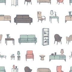 Furniture, lamps and plants for the home on white background. Vector  seamless pattern
