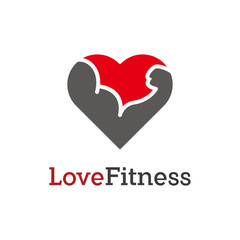 unique love fitness logo. consisting of a love heart icon with strong hand/body of athlete icon