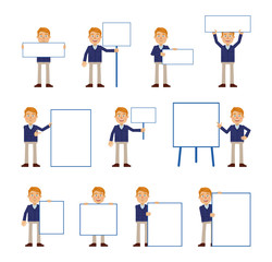 Big set of businessman characters posing with different blank banners. Cheerful businessman holding paper, poster, placard, pointing to whiteboard. Teach, advertise, promote. Flat vector illustration