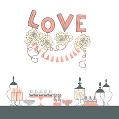 Wedding candy bar with cupcakes. Dessert table for Valentine's Day. Vector illustration.