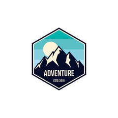 mountain adventure badge, label, emblem or logo design vector template. outdoor activities icon. hiking/climbing icon.