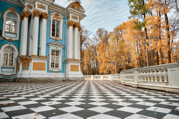 Tsarskoye Selo, St Petersburg, Russia - Hermitage Pavilion in Catherine Park covered with fallen...