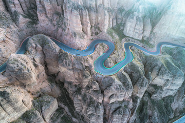 aerial view of a steep mountain road