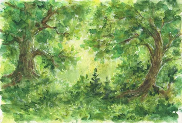  Forest watercolor landscape - drawing in green colors © rosinka