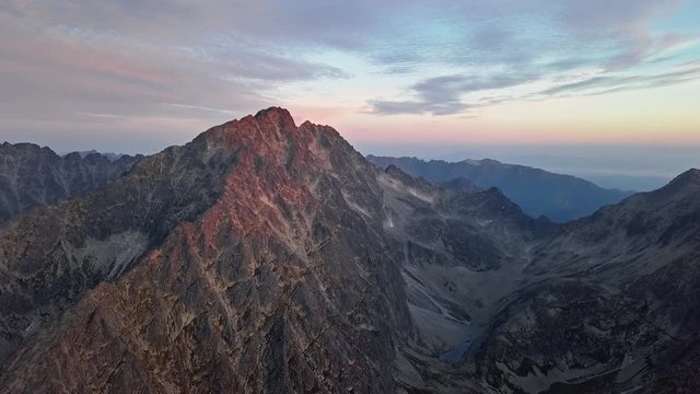 Aerial timelapse sunrise on Gerlachov Peak (Gerlachovsky stit) in High Tatras (Vysoke Tatry) mountains, Slovakia