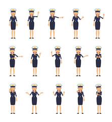 Set of female pilot characters showing different hand gestures. Cheerful airwoman showing thumb up, pointing, greeting, victory, stop sign and other hand gestures. Flat design vector illustration