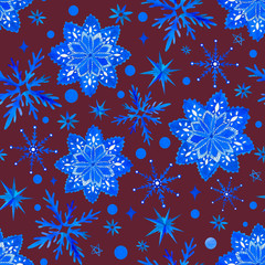 Seamless watercolor pattern with snowflakes. Christmas background