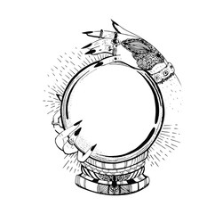 hand drawn black illustration of  fortune telling ball, crystal ball gazing with hand