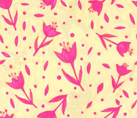 seamless pattern with pink leaves and flowers on a yellow background. Hand drawn with pencils 