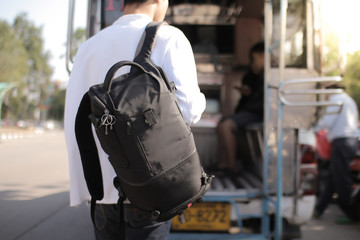 Blur background Handsome men traveling alone in Asia Wearing a white shirt Find confidence in the work.