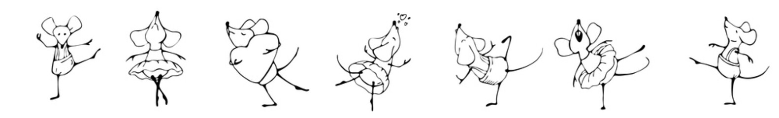 Mouse  sketch for a festive seamless background on Valentine's day or postcards. Festive birthday frame with dancing mice and hearts. The symbol of the year is a rat with a heart in its paws.