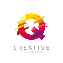 colorful letter Q tech logo design vector with pixel/glitch motion concept. multimedia, technology, digital, innovation company symbol icon