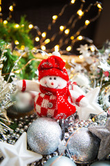 Christmas background. Beautiful bokeh in the background. Snowman close-up.
