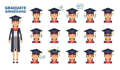 Female graduate student emoticons. Graduate student emojis showing different facial expressions. Happy, sad, surprised, serious, in love, sleepy, dazed and other emotions. Simple vector illustration