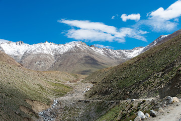 Fototapeta na wymiar Ladakh, India - Jul 22 2019 - Beautiful scenic view from Between Leh and Nubra Valley in Ladakh, Jammu and Kashmir, India.