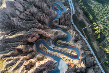 aerial view of a steep mountain road