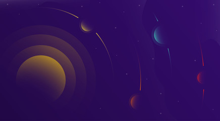 Fototapeta na wymiar Vector abstract background. Gradient, cosmic style. Multicolored circles resembling planets with a backlit. Layering areas, like paper, giving volume to the illustration.