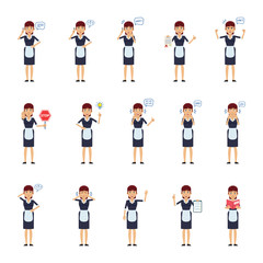 Big set of housemaid characters showing different actions, gestures, emotions. Cheerful maid talking on phone, holding stop sign, document, book and doing other actions. Simple vector illustration