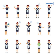 Fototapeta premium Big set of housemaid characters showing different actions, gestures, emotions. Cheerful maid singing, sleeping, holding loudspeaker, banner, map and doing other actions. Simple vector illustration